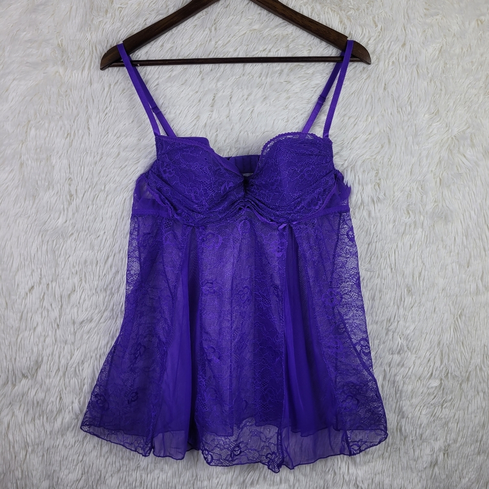 Fredericks of Hollywood XL Purple Sheer Lace Camisole Top Feminine Sexy